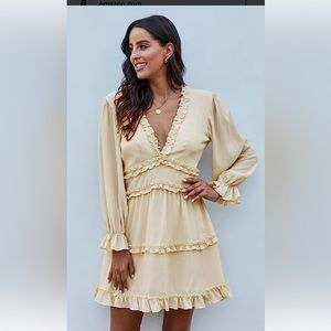 Beige ruffle v-neck cutout back chiffon dress
